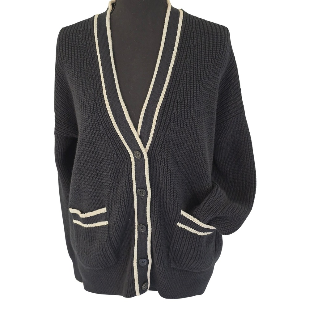 J.Crew Womens Black Cotton Shaker Stitch Varsity Cardigan Sweater Preppy XS